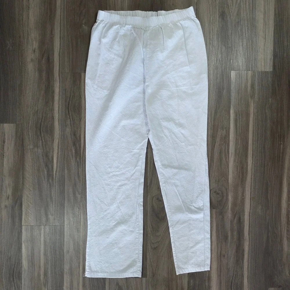 White Linen Blend Elastic Waist Straight Leg Casual Pants Mens Size Medium